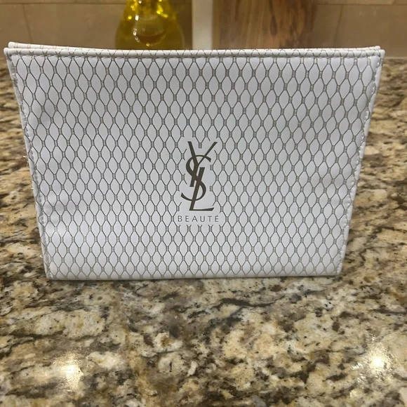 Yves Saint Laurent YSL Beaute Pouch white & gold faux leather Case toiletry Bag - Picture 1 of 6